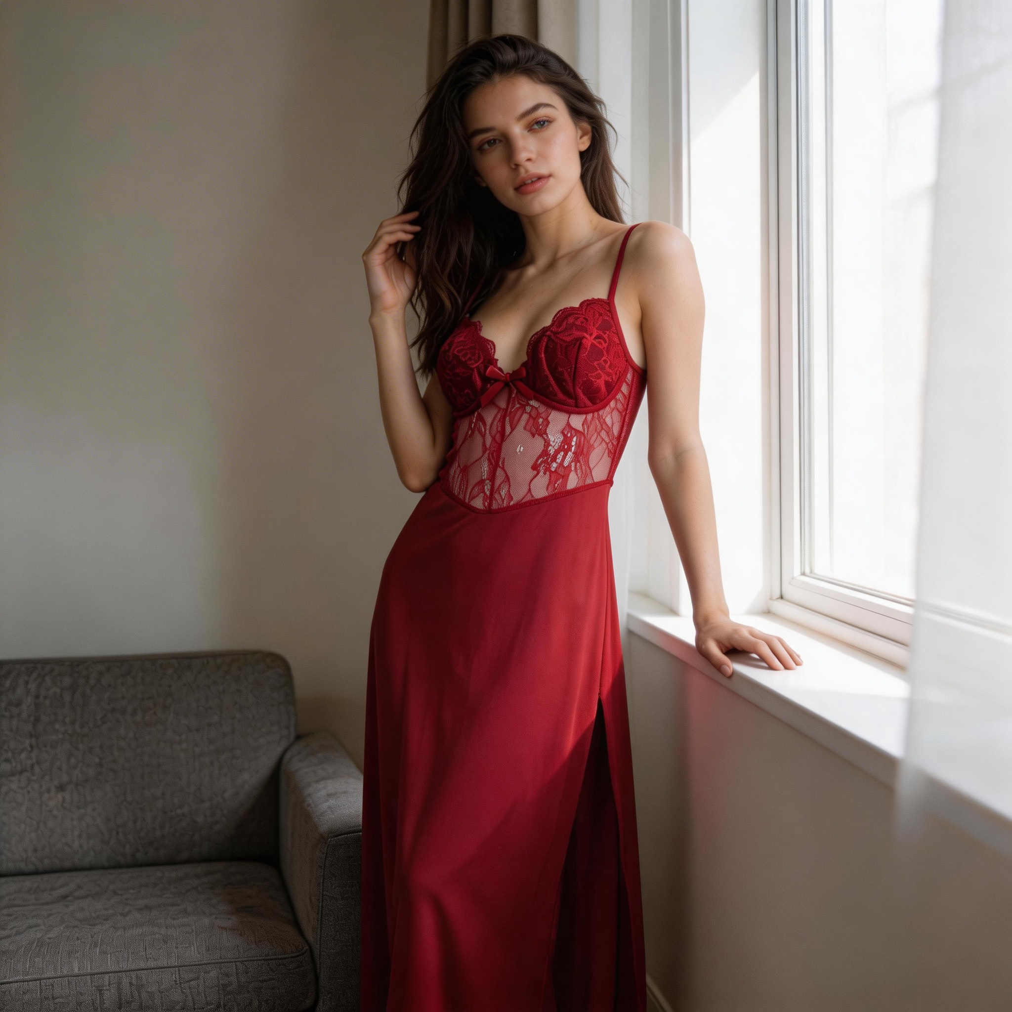 New Sexy Lace Mesh Cami Long Dress Thong Pajama Set for Women – Wine Red